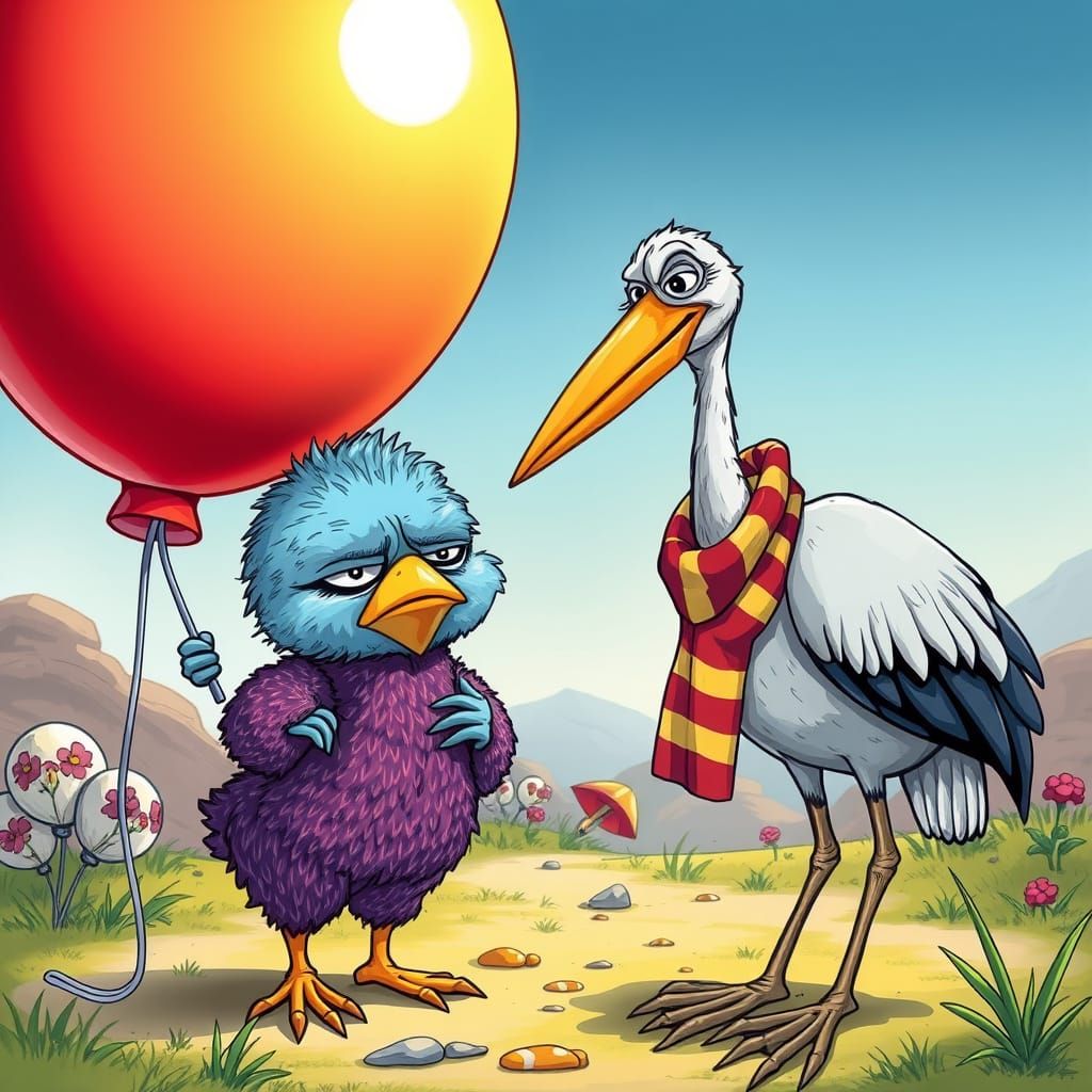 Funny Stork Chick and Heron in Storybook Landscape