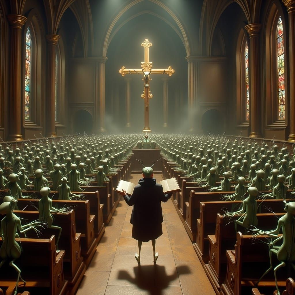 Praying Mantis Congregation in Surreal Biomechanical Church