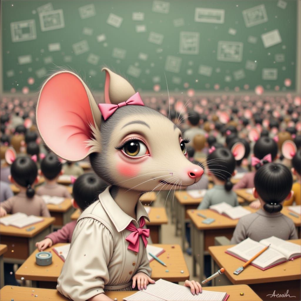 Shy Mouse Blushing in Classroom, Watercolor Illustration