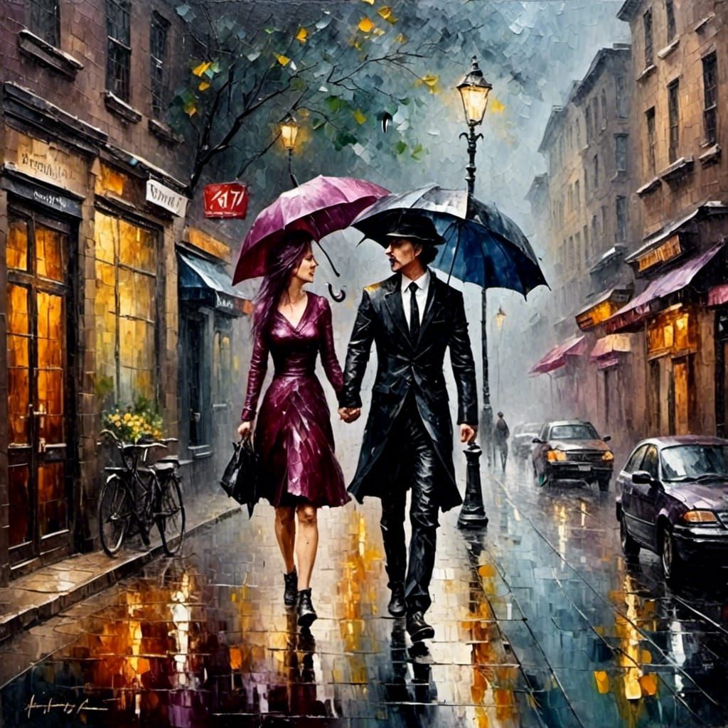 Couple in Rainy Scene as Impasto Painting