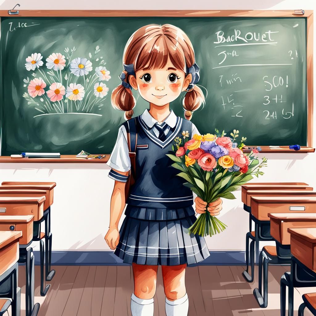 Girl with Flowers: Digital Watercolor Cartoon