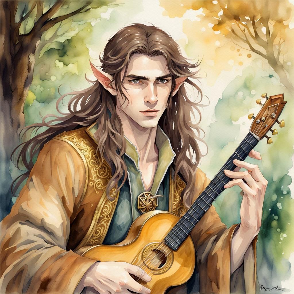 Half-Elf Bard with Steampunk Guitar in Watercolor