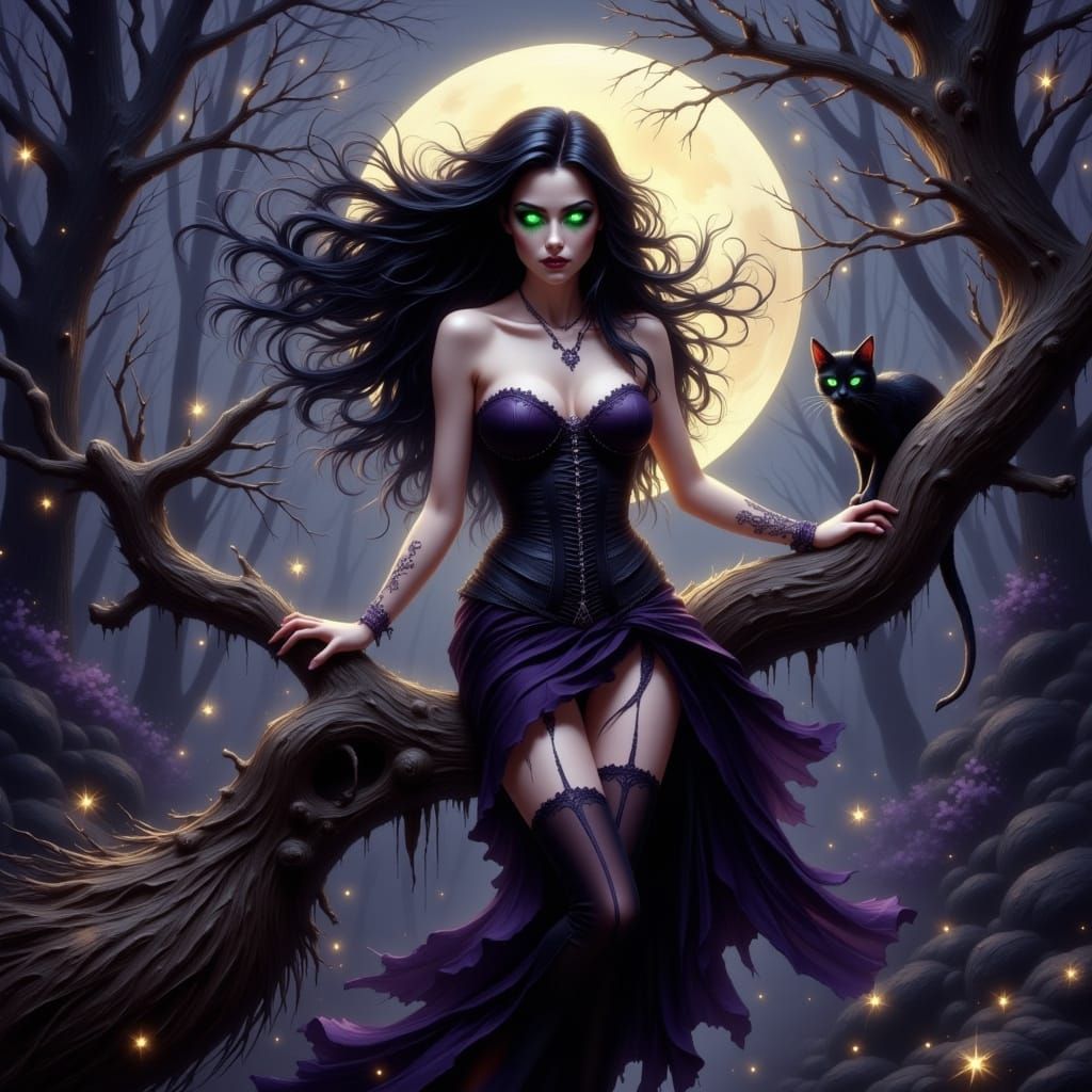 Seductive Witch Pin-Up on Broomstick