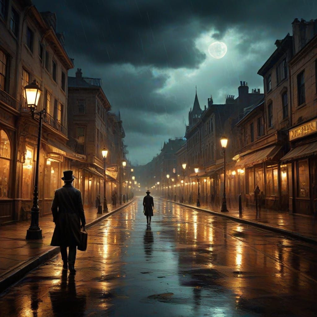 Steampunk Magician Amidst Glowing Street Lanterns