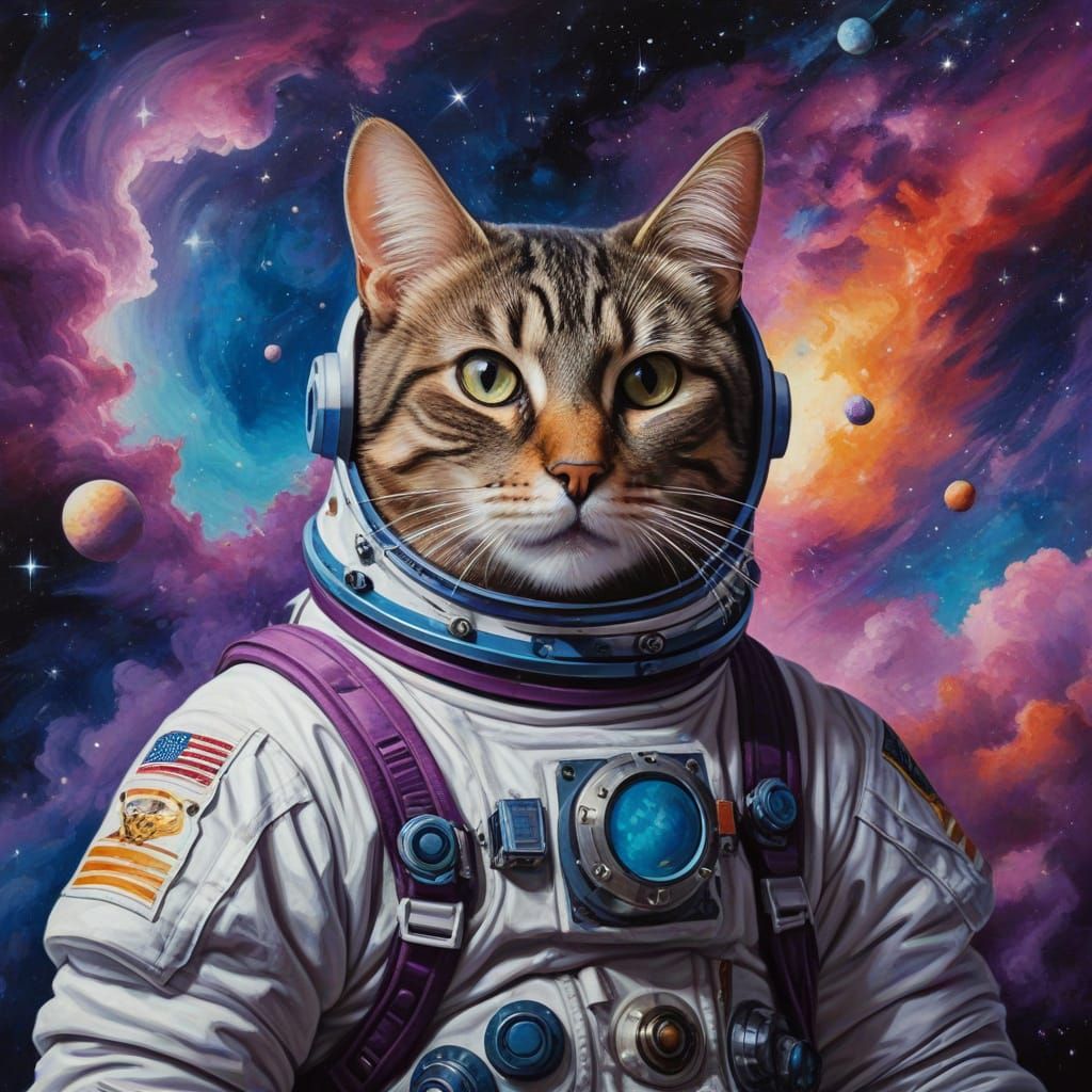 Feline Astronaut Exploring Cosmic Landscape in Oil Painting ...