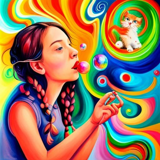 Girl and Cat in a Gouache Candyland