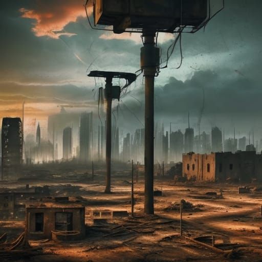 Post-Apocalyptic Ruined Cityscape with Sunset