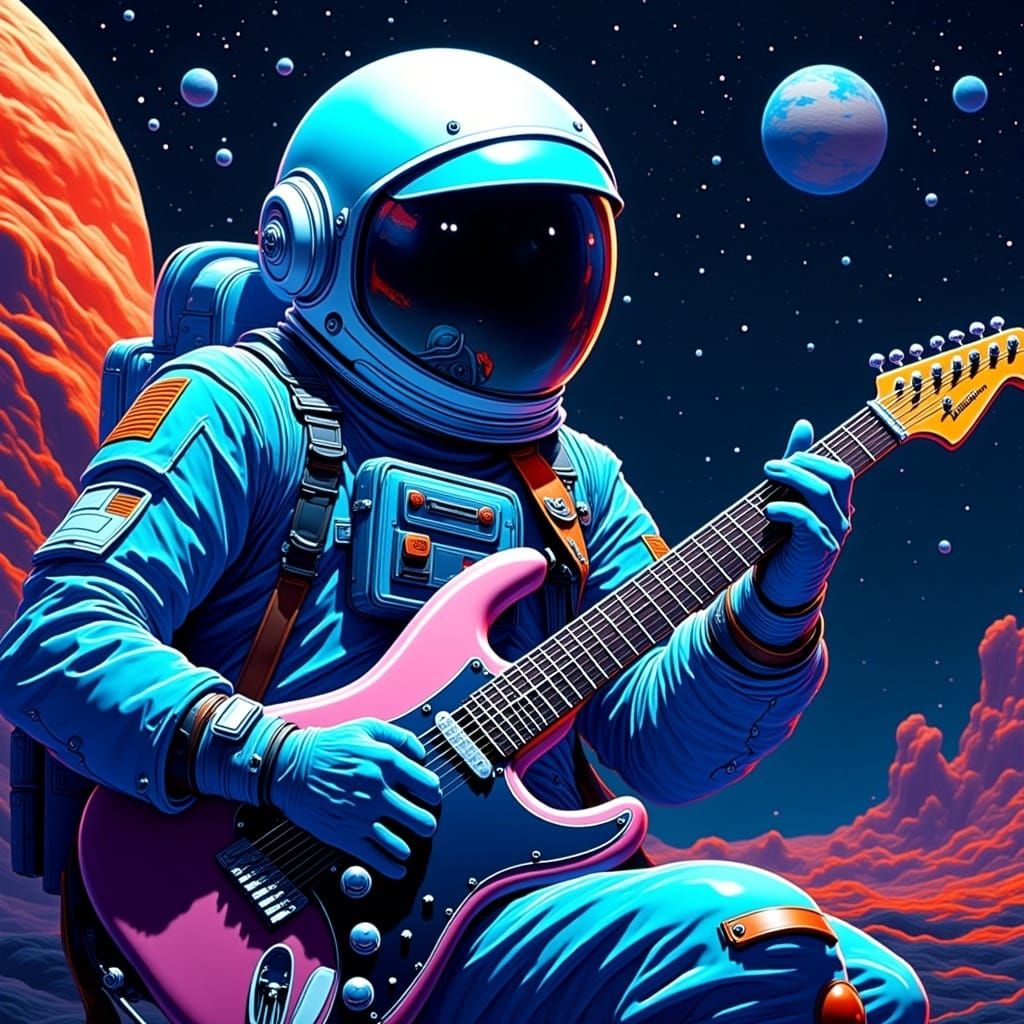 Astronaut Rocking Guitar in Sci-Fi Cosmos