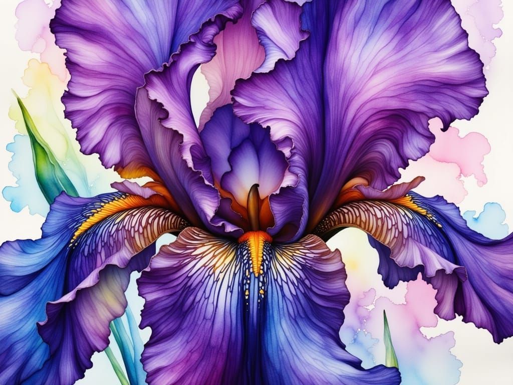 Deep Purple Iris Watercolor And Alcohol Ink Art