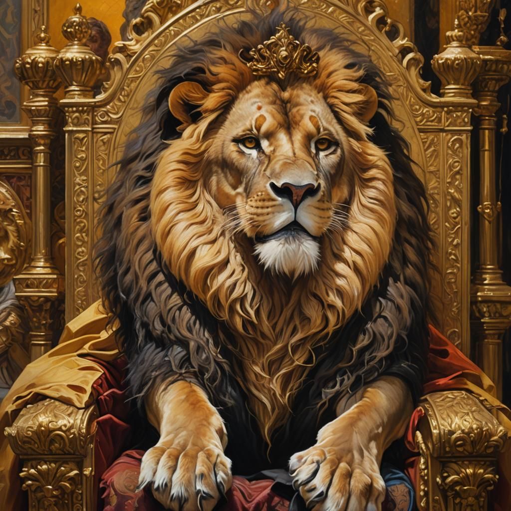 Lion Woman on Throne as Oil Painting