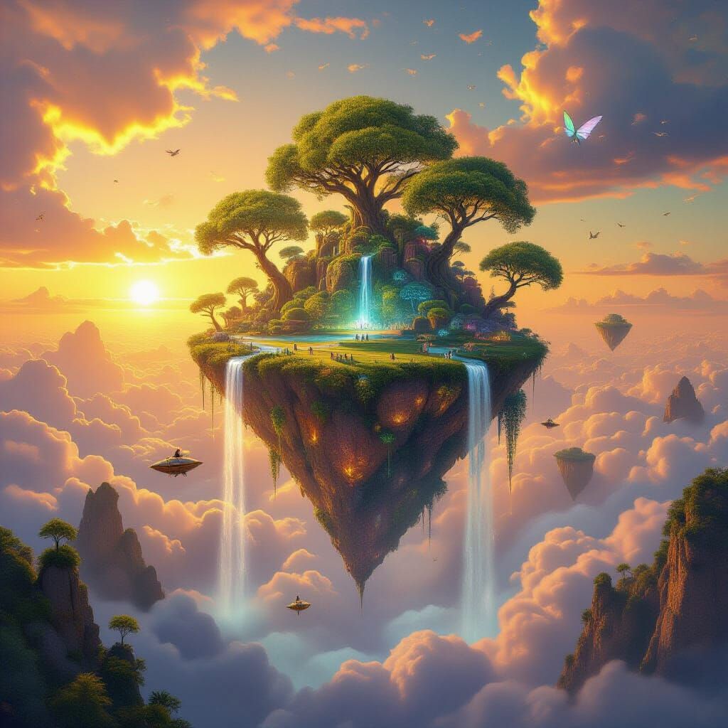 Colossal Floating Island Garden at Golden Sunset