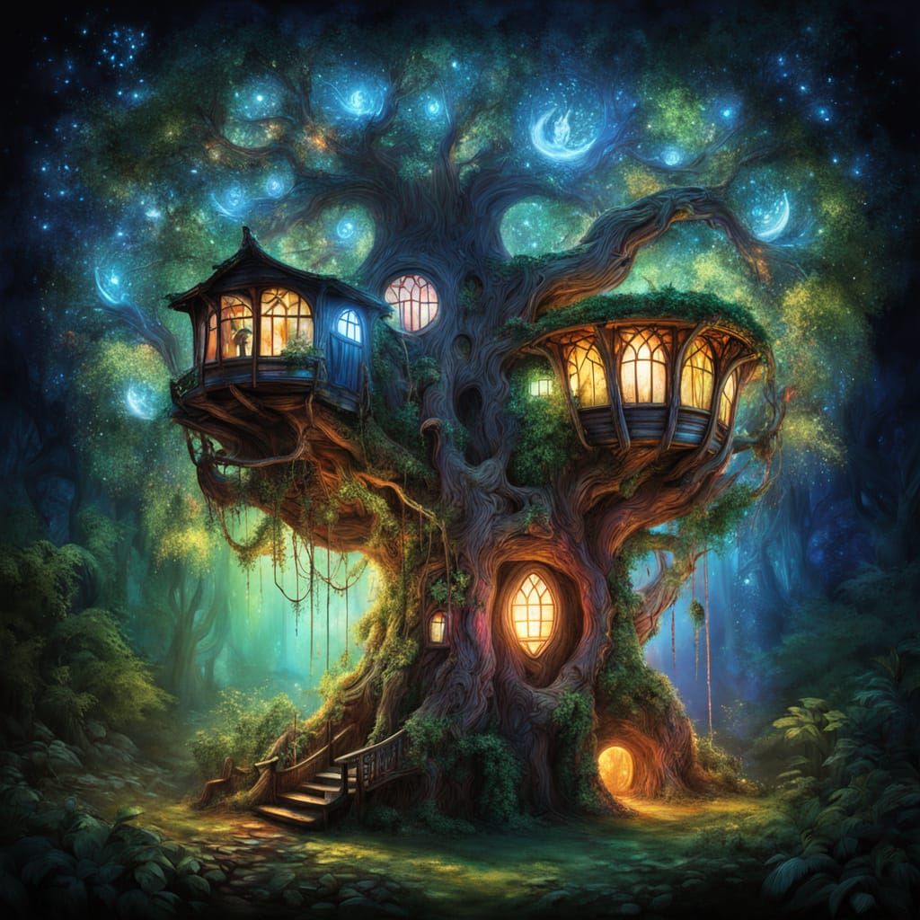 Magical Tree of Life Elven Treehouse with Neon Vines