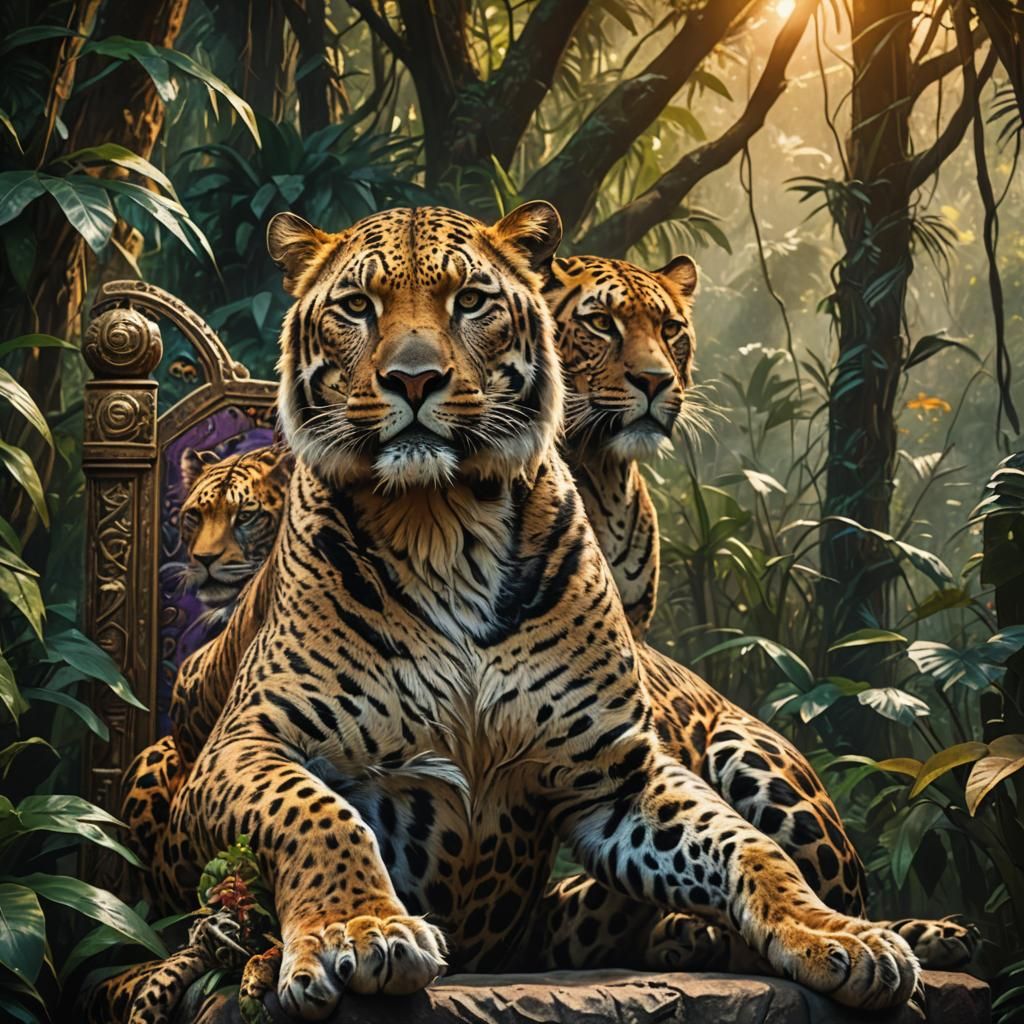 Leopard Tiger Lion Hybrid on Throne in Dark Fantasy