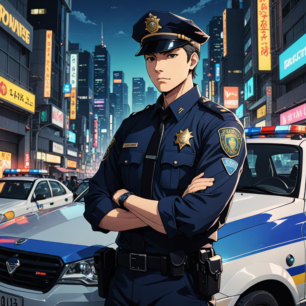 Vibrant Anime Police Officer with Intense Gaze