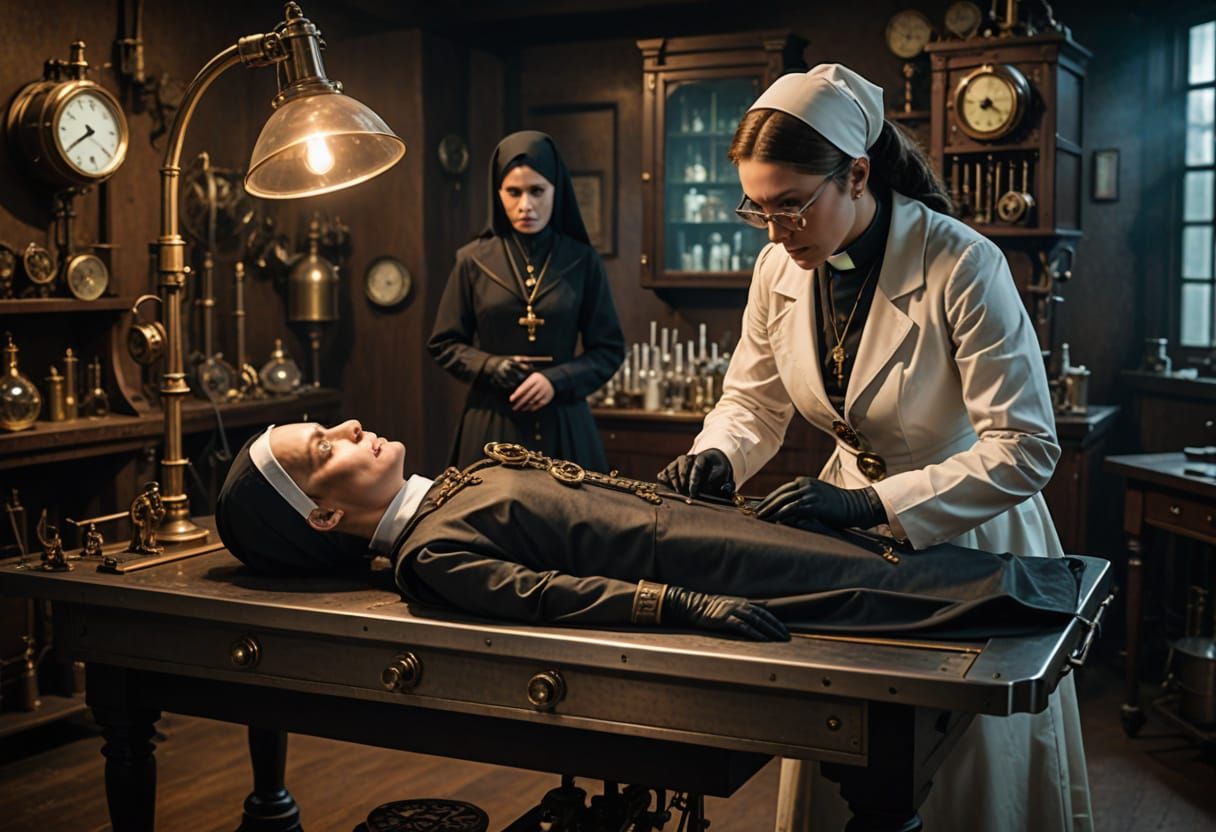 Scientist Examines Nun in Steampunk Style
