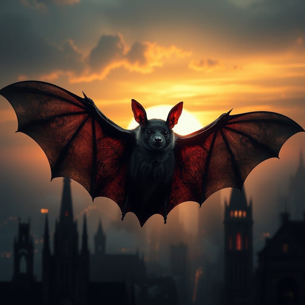 Majestic Bat Soaring Over Gothic Cityscape at Sunset
