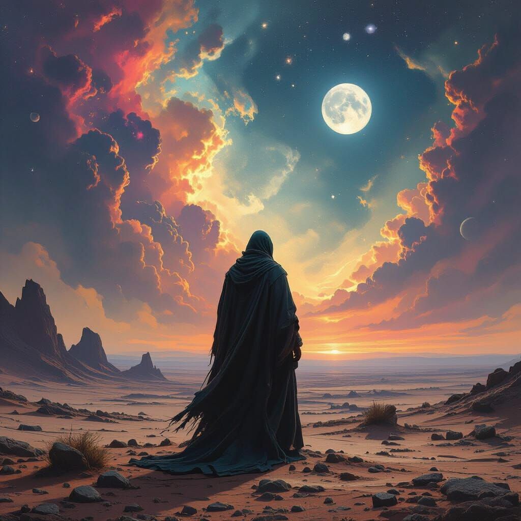 Man on Alien Landscape Under Cosmic Sky