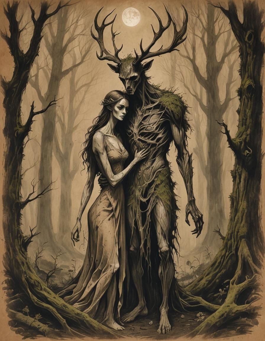 Eerie Wendigo Embrace: A Dark Surrealist Pencil Sketch