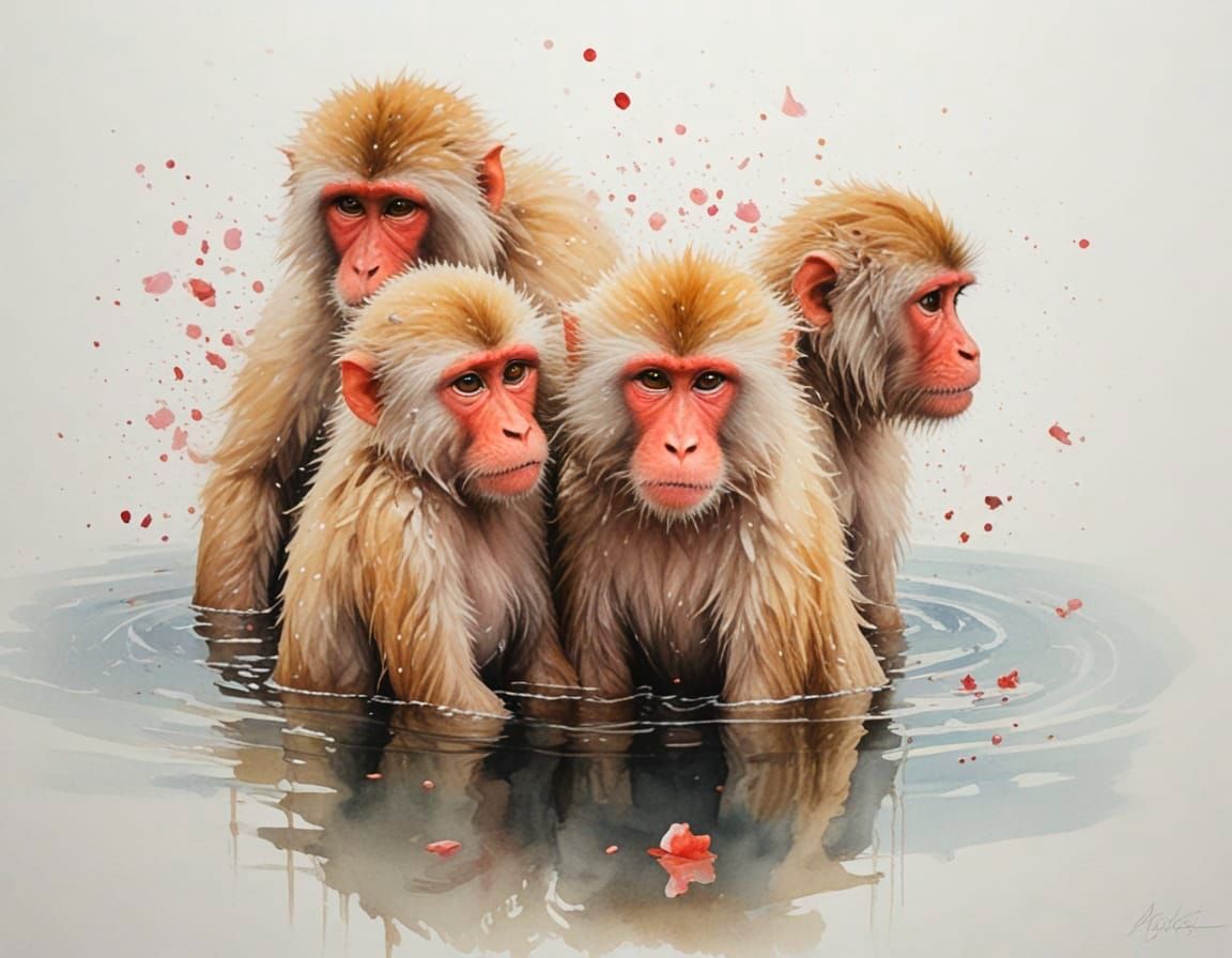 Snow Monkeys in Hot Springs at Dawn Watercolour Art