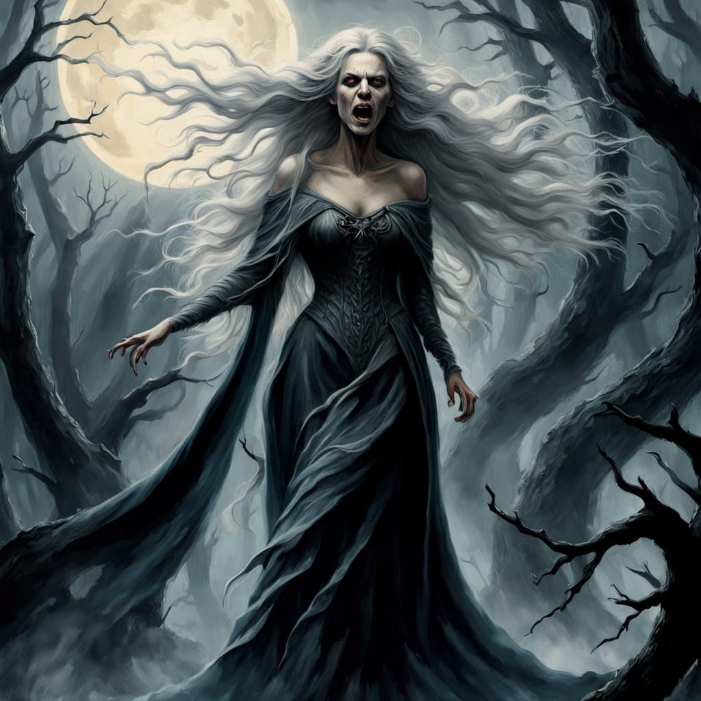 Banshee Screams in Mystical Forest: Ethereal Oil Painting