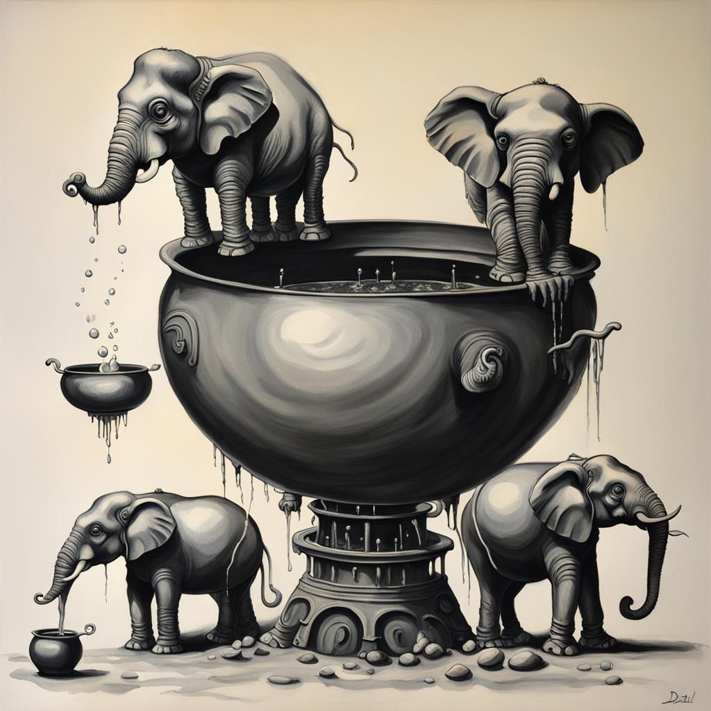 Robot Elephants Brewing Potion, Surreal Oil Painting
