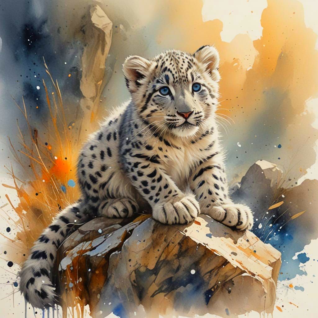 Adorable Snow Leopard Cub in Watercolour