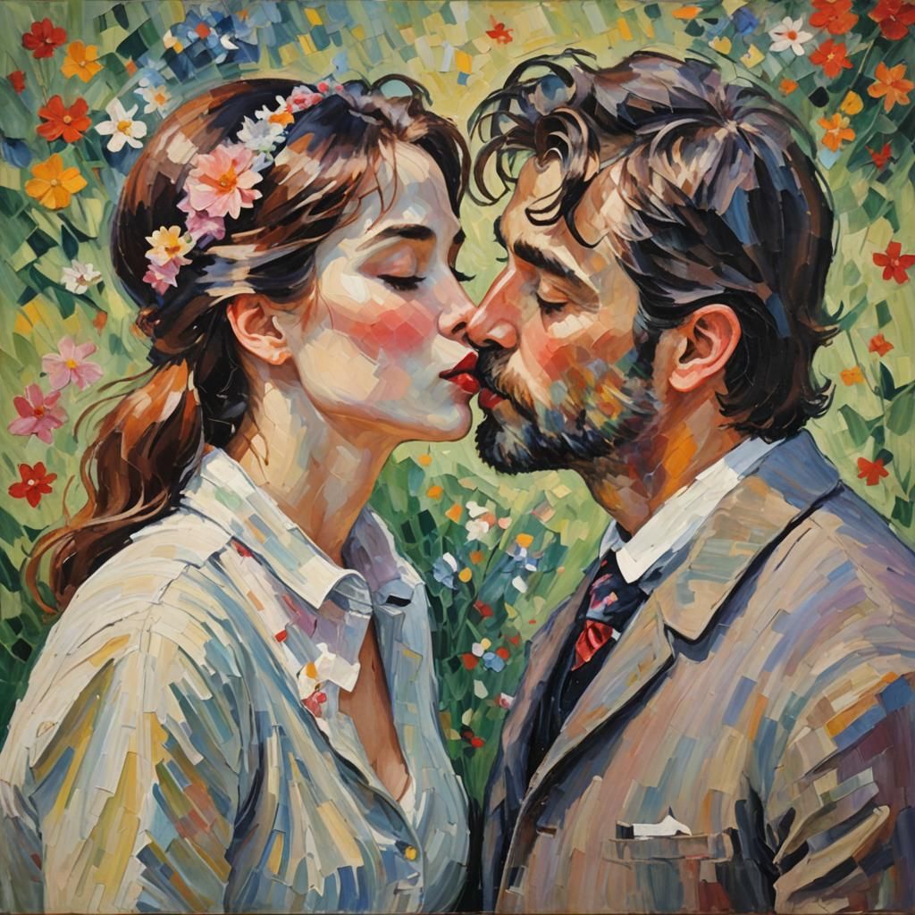 Romantic Kiss in Impressionist Style