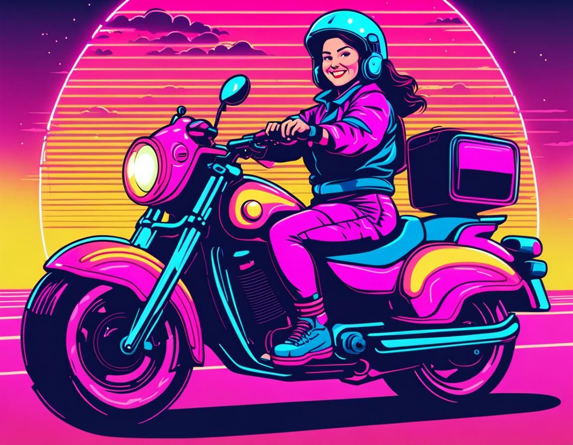 Smiling Woman on Motorbike in Synthwave Neon