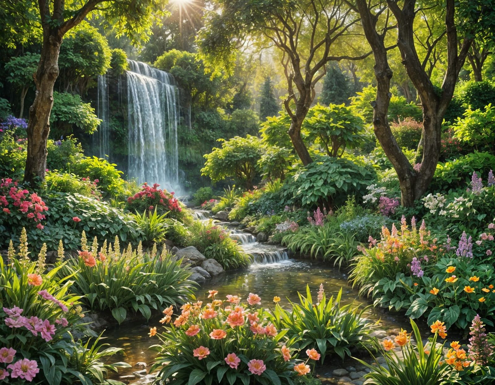 Ethereal Garden with Waterfall Bathed in Light