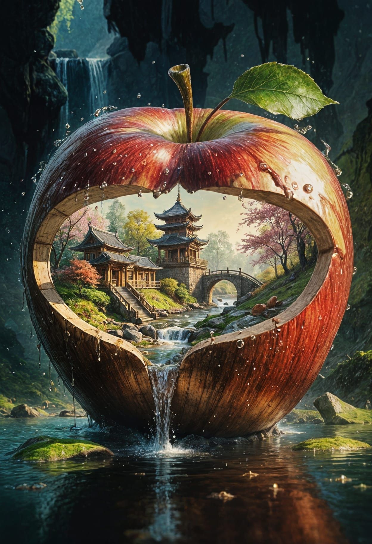 Surreal Watercolor of a Showa Temple Amidst Cascading Rivers