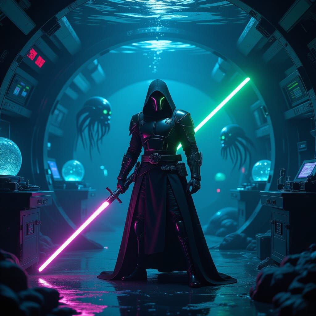 Underwater Swordsman Guarding Bioluminescent Lab in Gritty S...