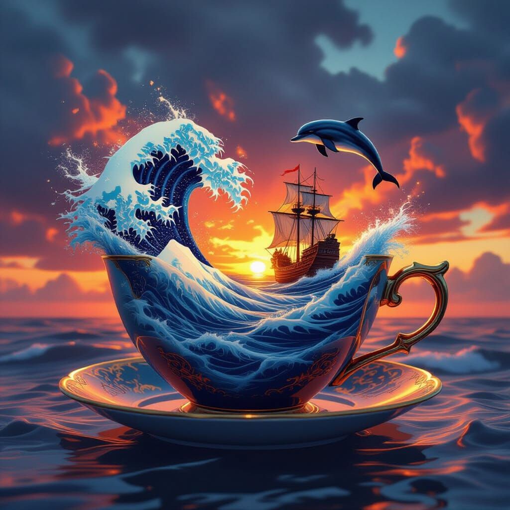 Teacup Ocean Scene in Digital Art Style
