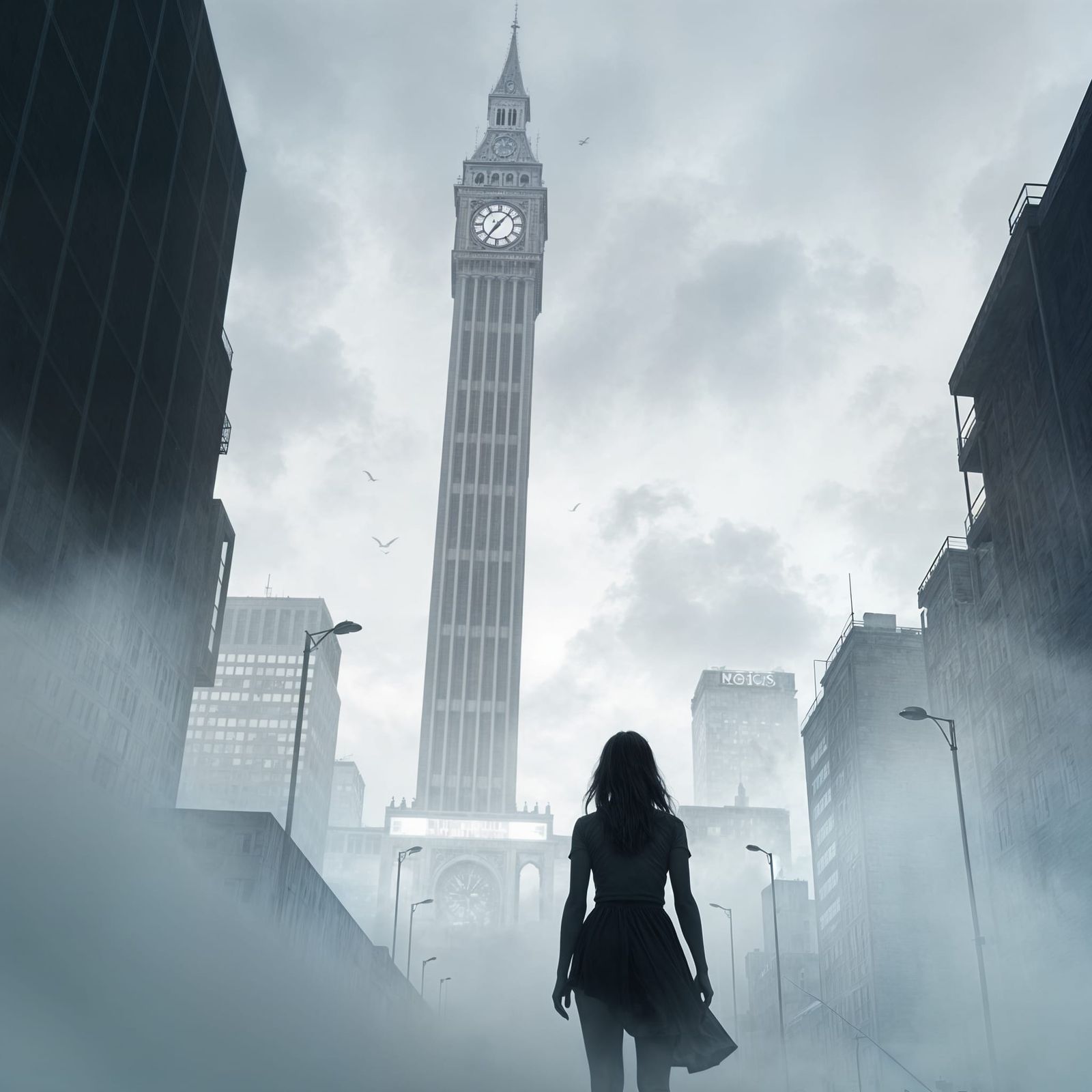 Dreamy Grayscale Urban Landscape with Clock Tower