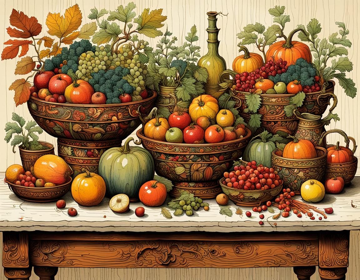 Autumnal Still Life with Fruit, Storybook Illustration