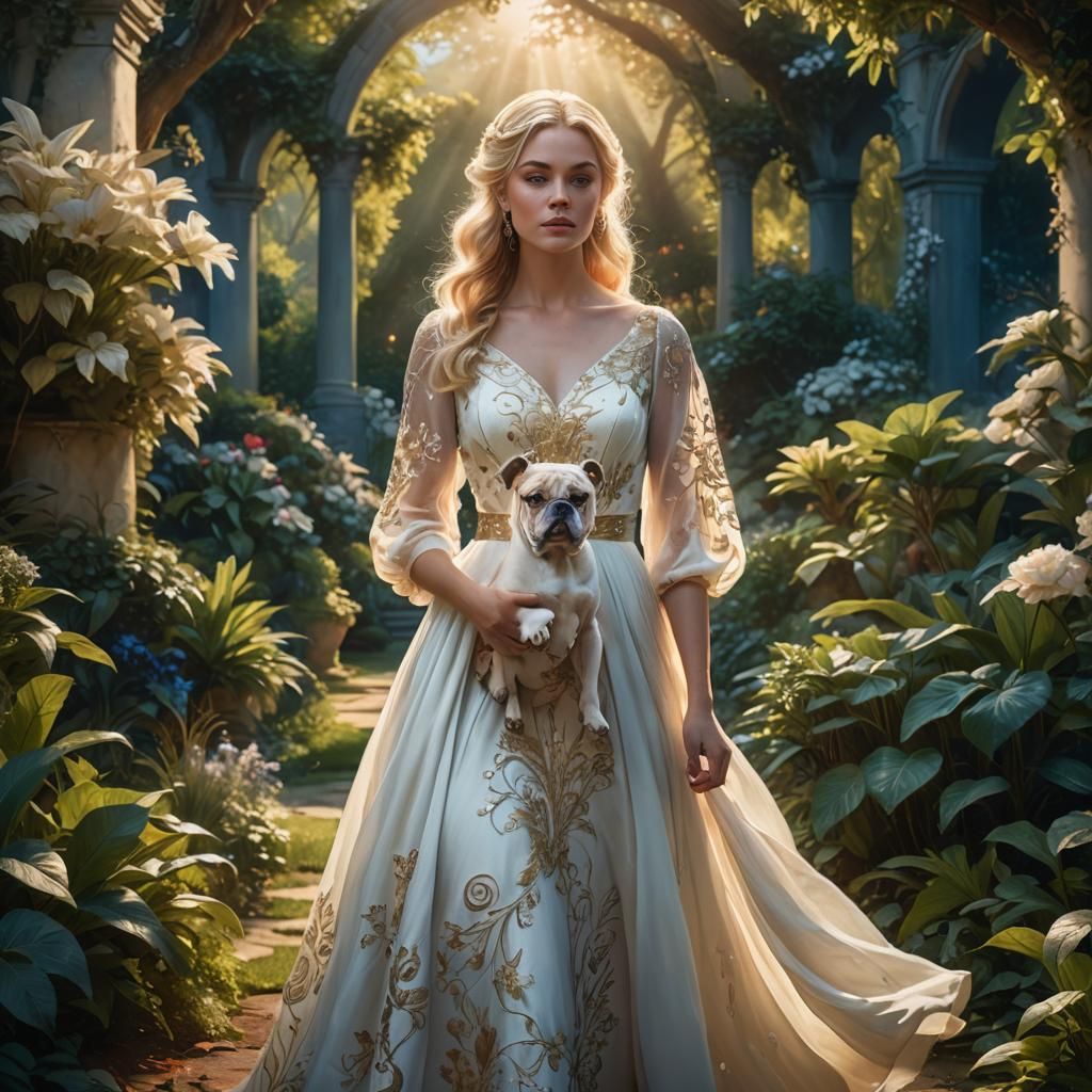 Woman with Bulldog in Lush Garden: Fantasy Concept Art