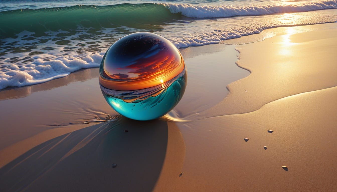 Obsidian Sphere Reflects Sunset: Vivid Digital Art