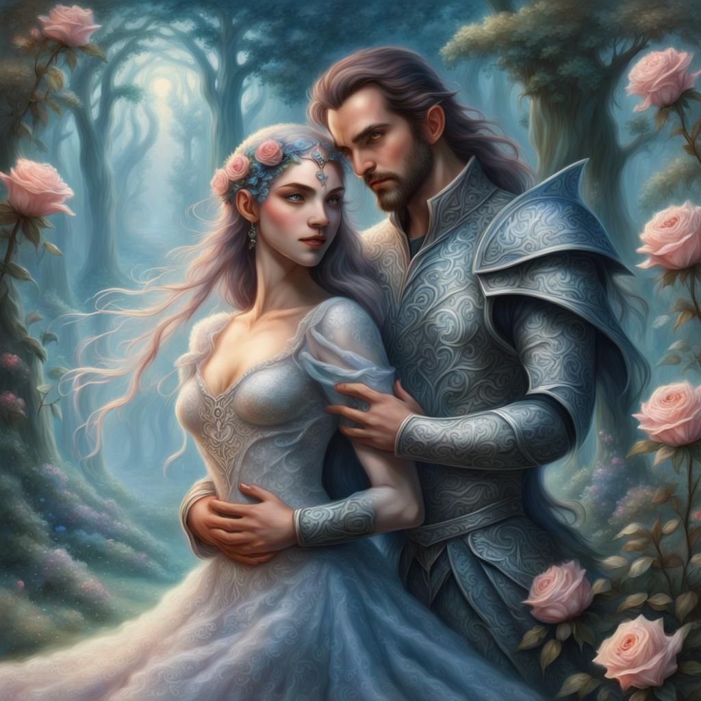 Romantic Changeling and Elf Embrace in Fantasy Glade