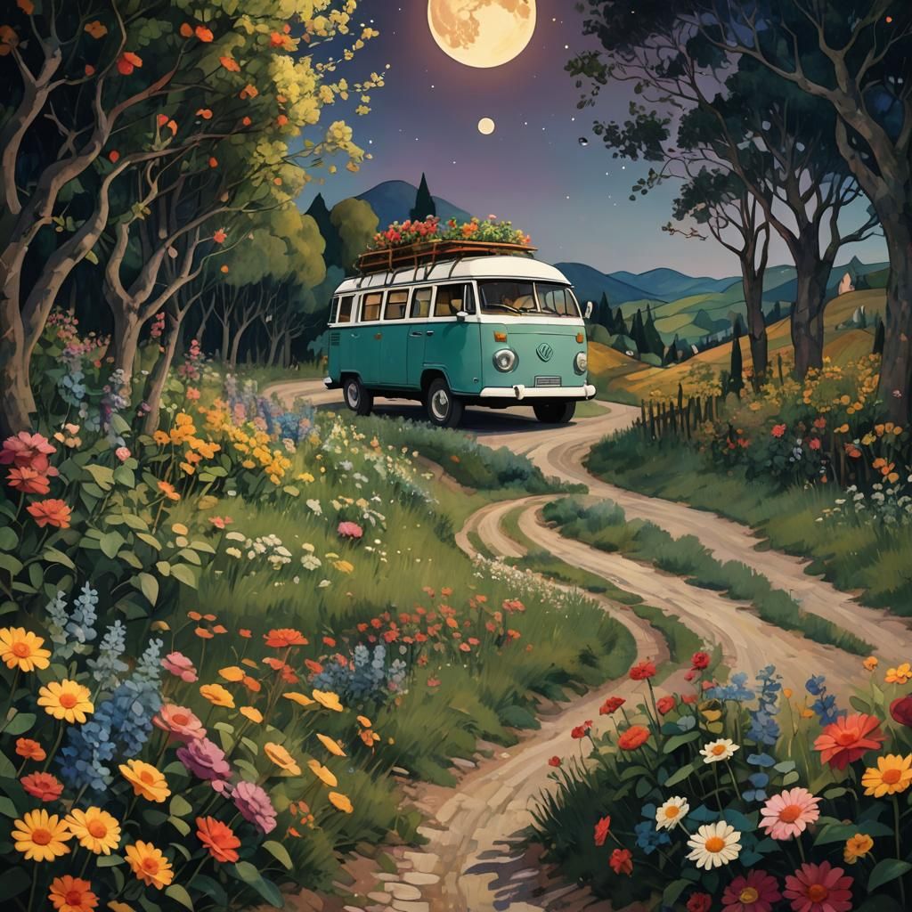 Whimsical Campervan Drives Under Ethereal Full Moon
