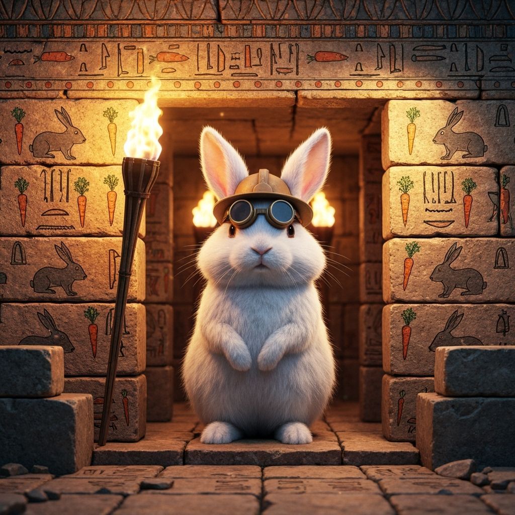 Fluffy Rabbit Explorer at Ancient Egyptian Tomb Entrance