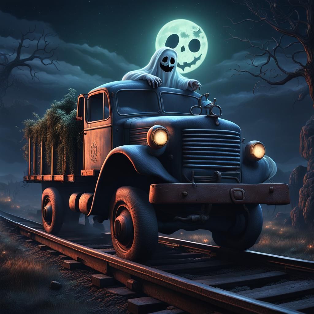 Spooky Ghost Sleeps by Haunted Railroad at Night