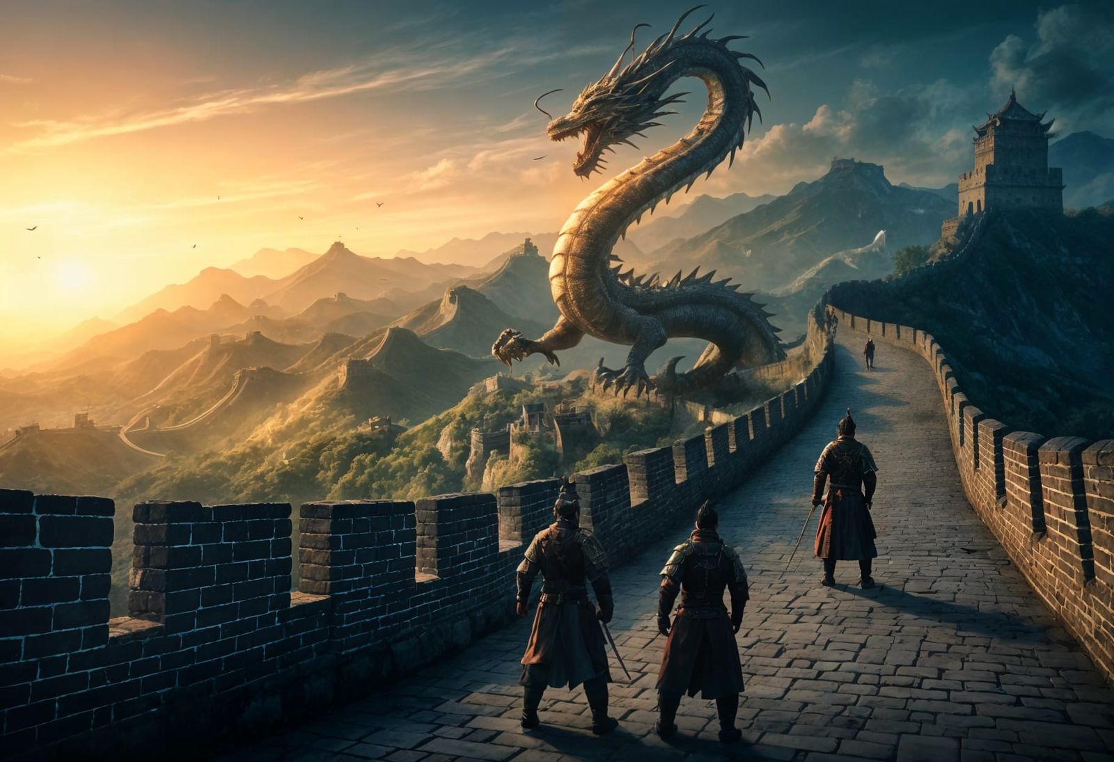 Ethereal Warriors Confront a Dragon on the Great Wall