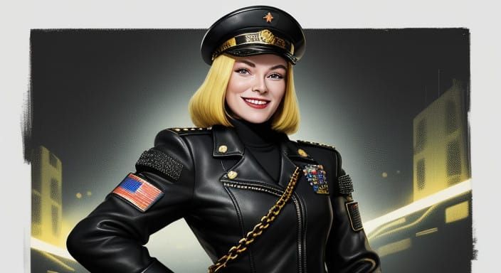 Russian Soldier Lady in Neon Vaporwave Comic Scene