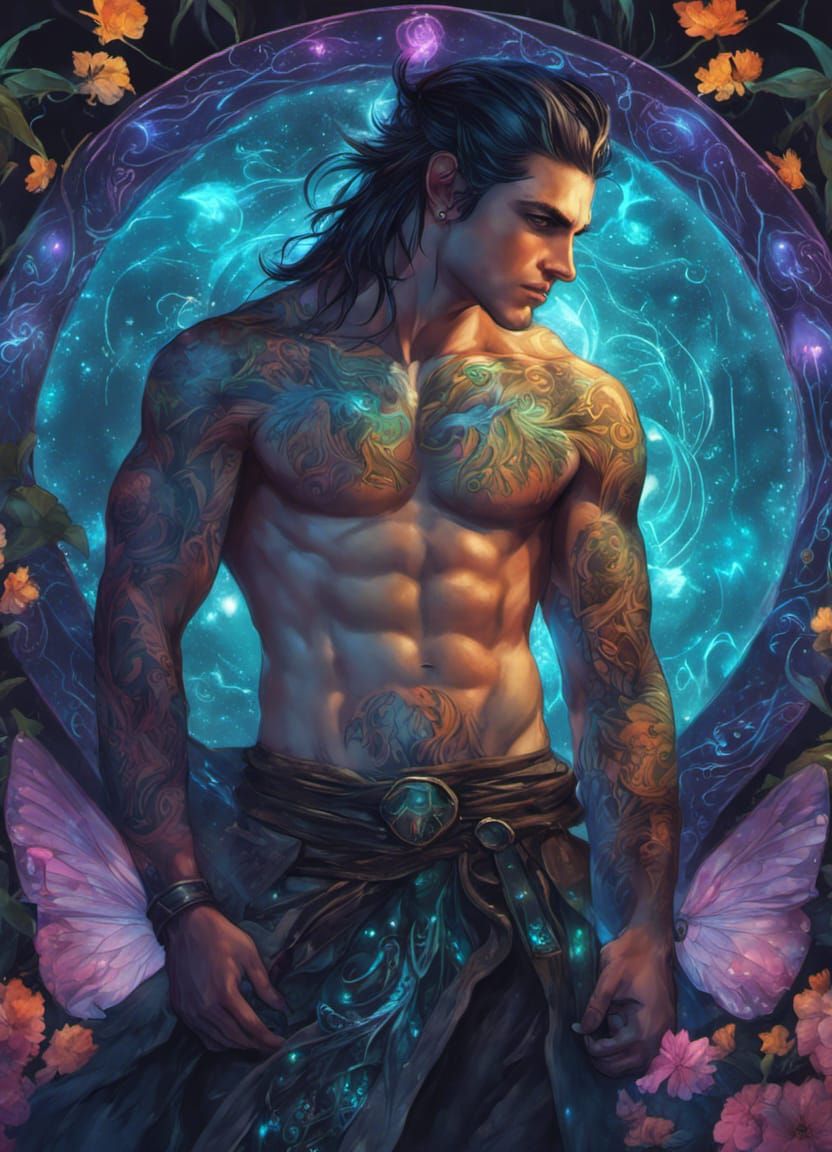 Bioluminescent Elf with Glowing Tattoos: Digital Art