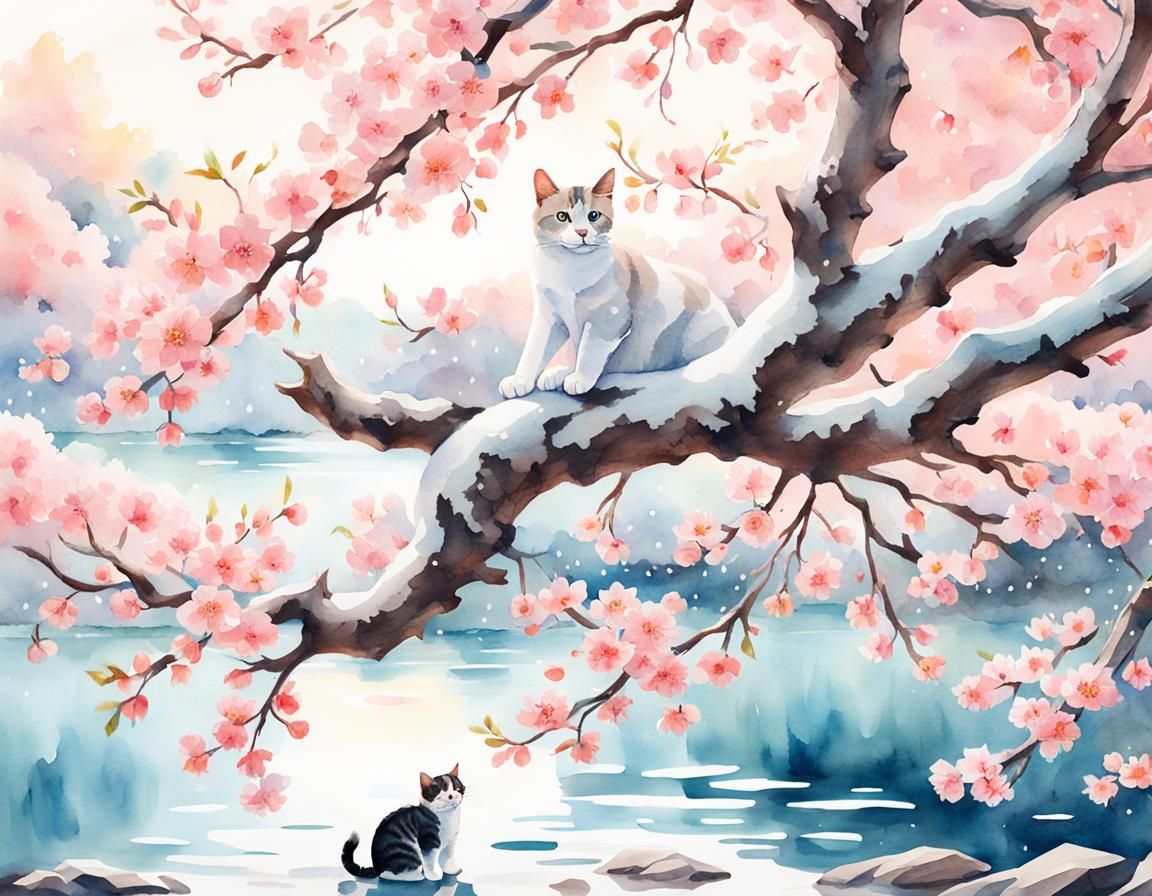 Cat Leaping at Sakura Tree, Watercolor Ukiyo-e Style