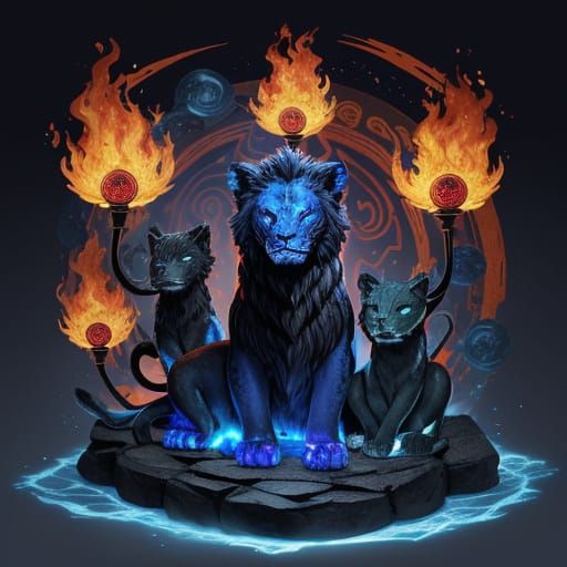 Three-Headed Obsidian Lion in Blue Flames