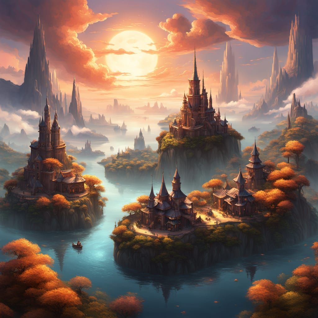 Floating Islands Community at Sunset, Semi-Photorealistic Ar...