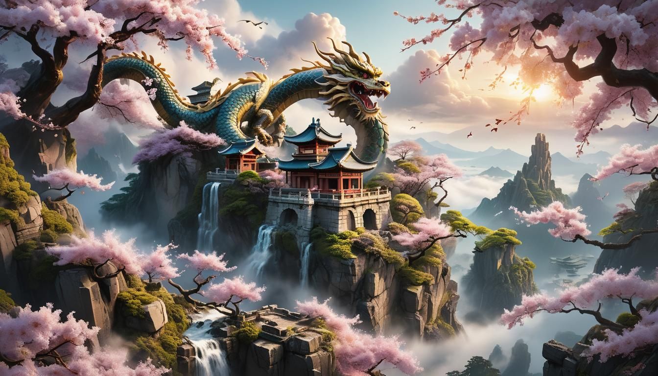 Flying Island with Dragon in Hyperrealistic Splash Art