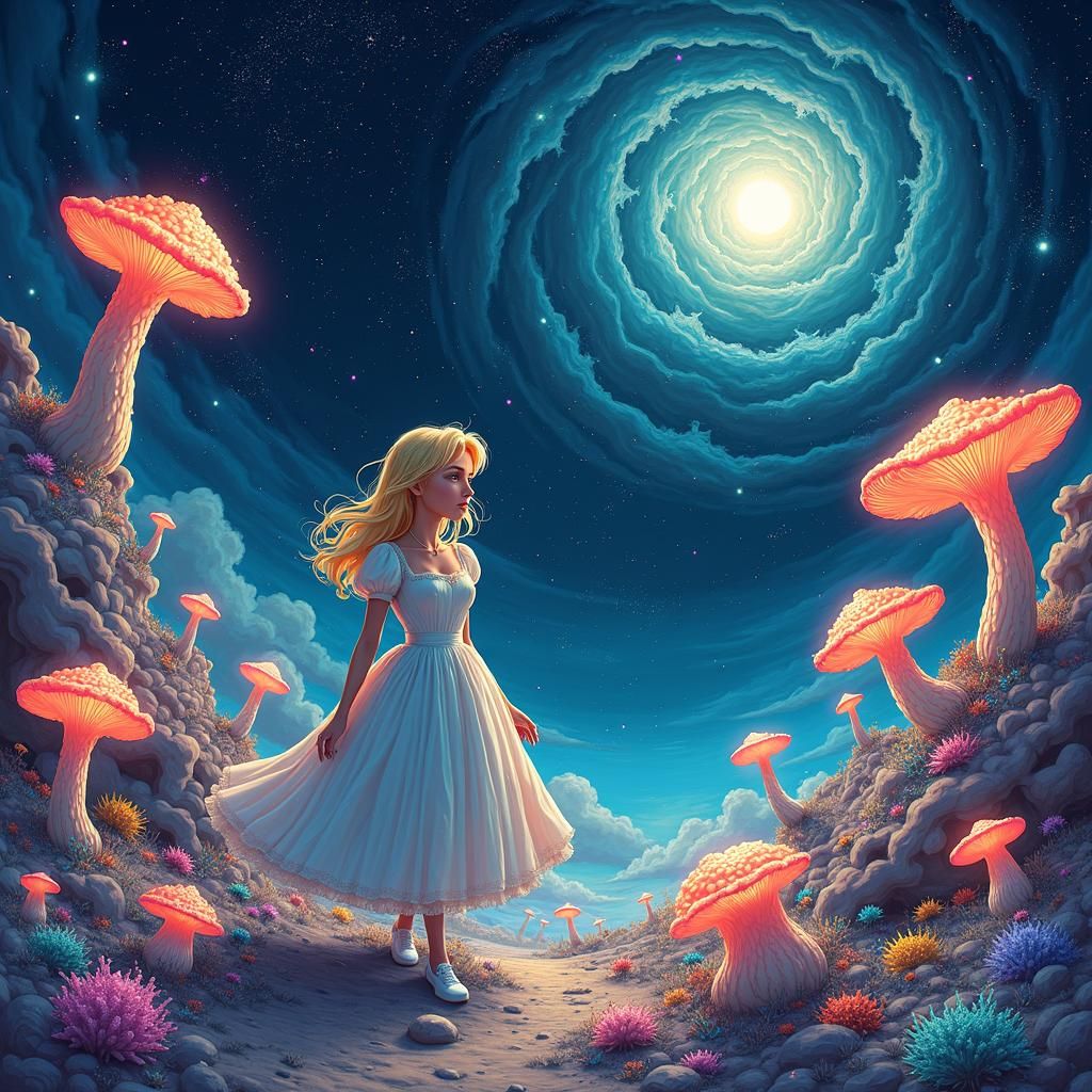 Cosmic Wonderland: Alice Among Bioluminescent Fungi