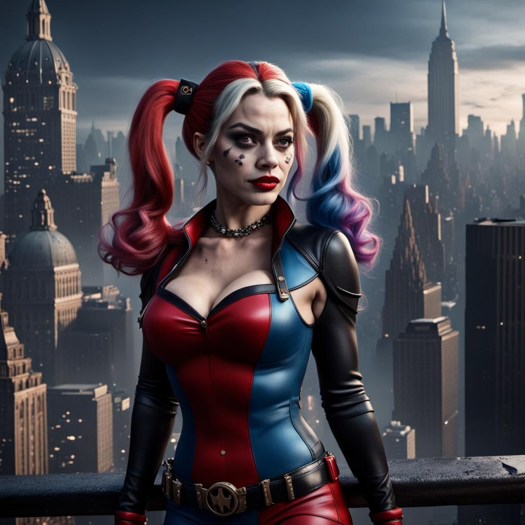 Harley Quinn Overlooking Gotham: Detailed Matte Painting