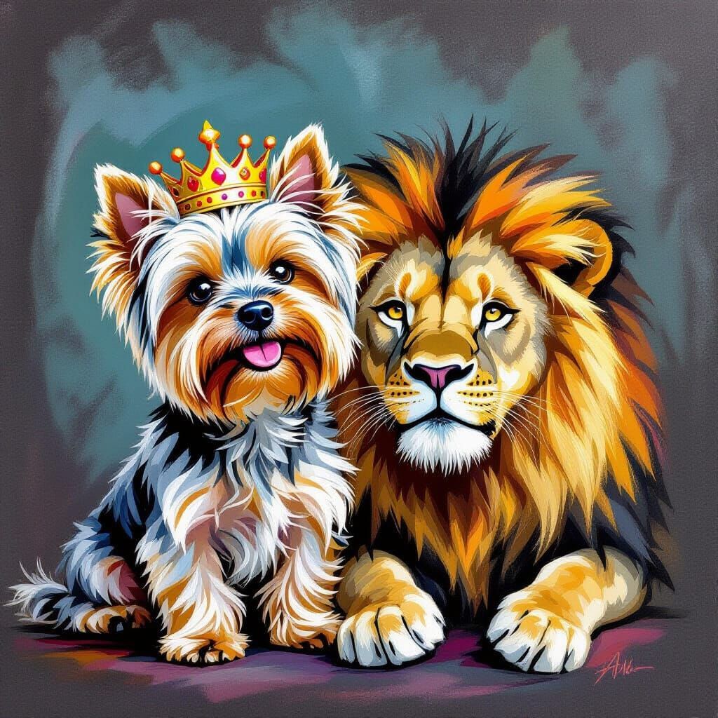 Yorkshire Terrier Leans on Perplexed Lion in Chalk Art
